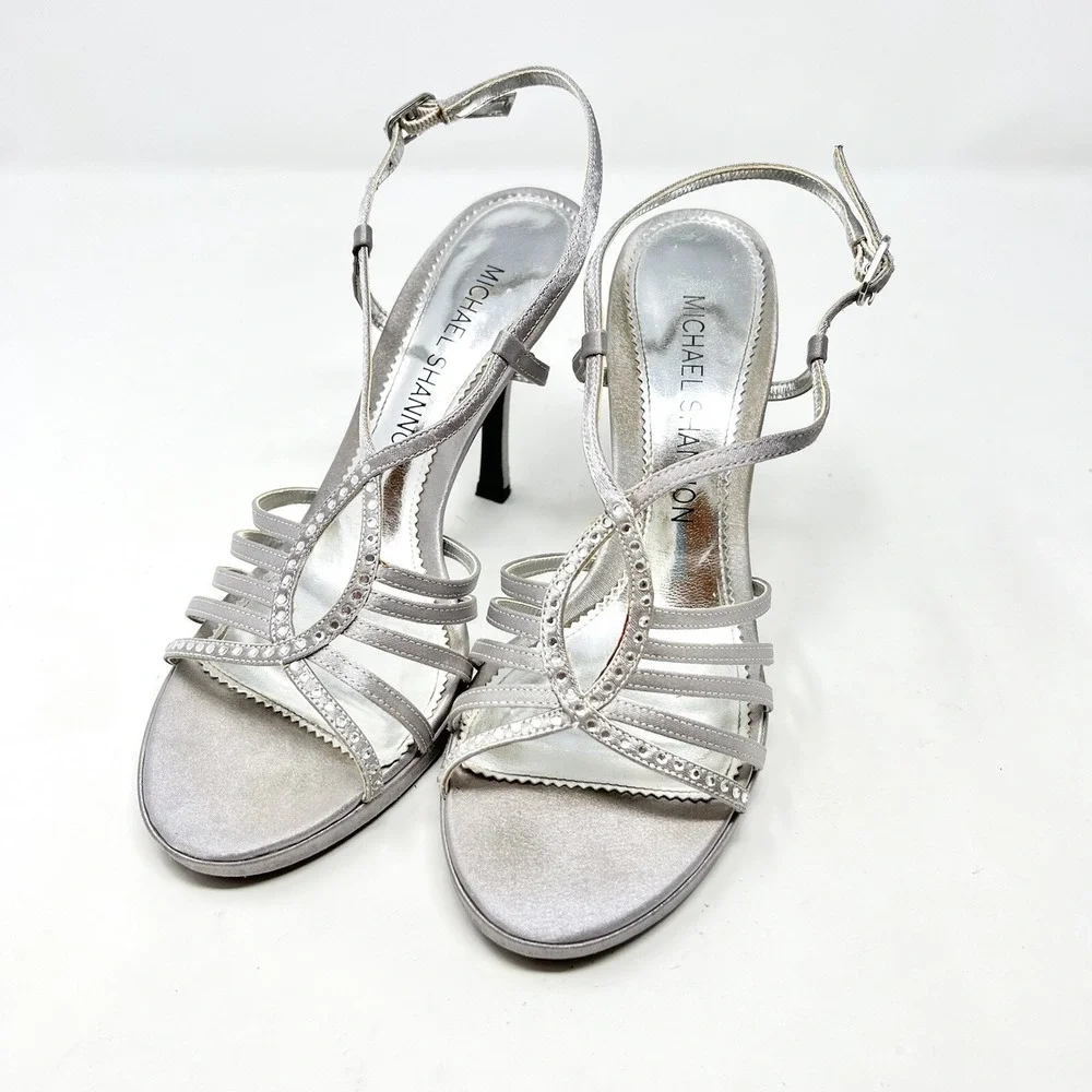 Rhinestone Bling Strappy Womens Jordy Sandal Gray Satin 7 M Prom Party Going Out